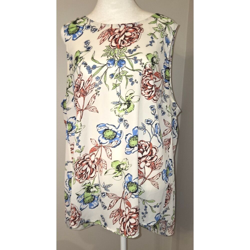 Daniel Rainn Floral Sleeveless Blouse Size XXL White w/ red blue green flowers